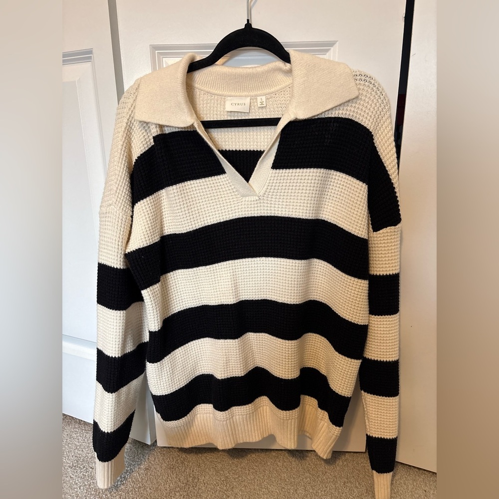 Cyrus Black and Cream Striped Waffle-Knit Sweater